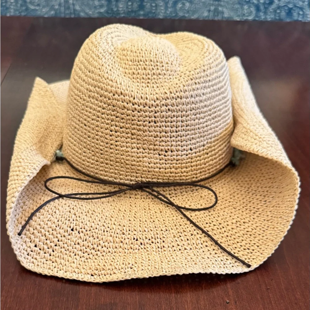 Hat Attack Straw Floppy Sun Hat with Light Blue Bead Trim